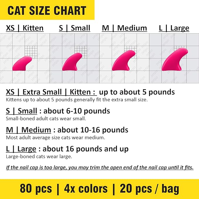 zetpo 80 pcs Cat Claw Covers | Cat Nail Caps | with Adhesives and Applicators (L, Black, White, Silver Glitter, 24k Gold Glitter)