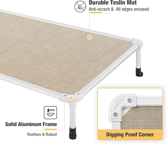Veehoo Chew Proof Elevated Dog Bed - Cooling Raised Pet Cot - Silver Aluminum Frame and Durable Textilene Mesh Fabric, Unique Designed No-Slip Feet for Indoor or Outdoor Use, Beige Coffee, Large