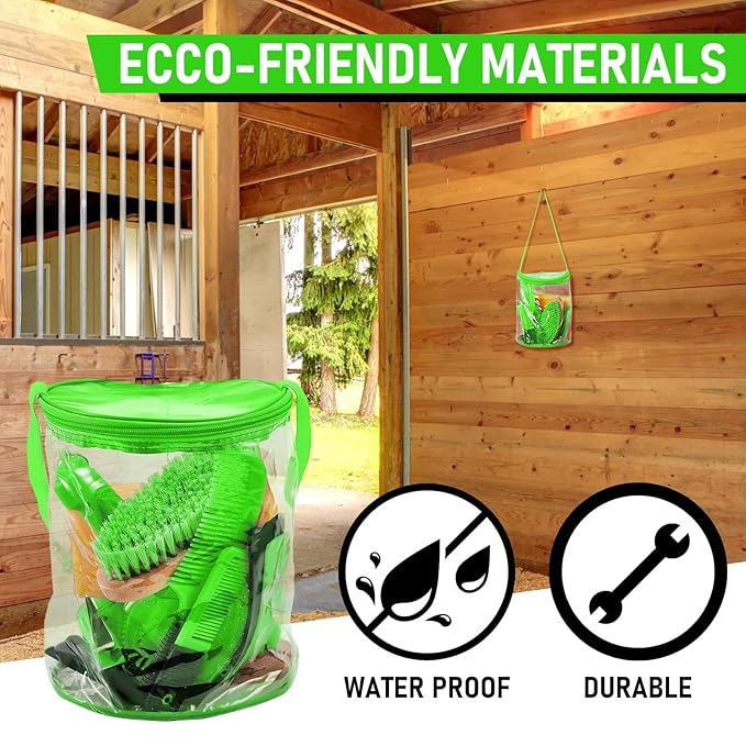 9 Pieces Horse Grooming Kit Tack Room Supplies Set with Organizer Tote Bag, Oval Massage Curry, Hard and Soft Brush, Hoof Pick, Sweat Scraper, Bathing Sponge, Combs for Horse Riders Beginners (Green)