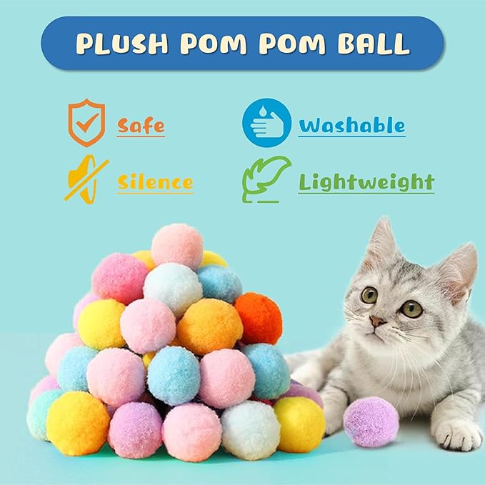 Low Noise Interactive Cat Ball Launcher Gun, 1 Noise-Reduced Launcher (New Upgraded), 20 Pcs Colorful Silent Plush Pom Pom Balls (1.2 inches), with 4 Pcs Cat Spring Toy
