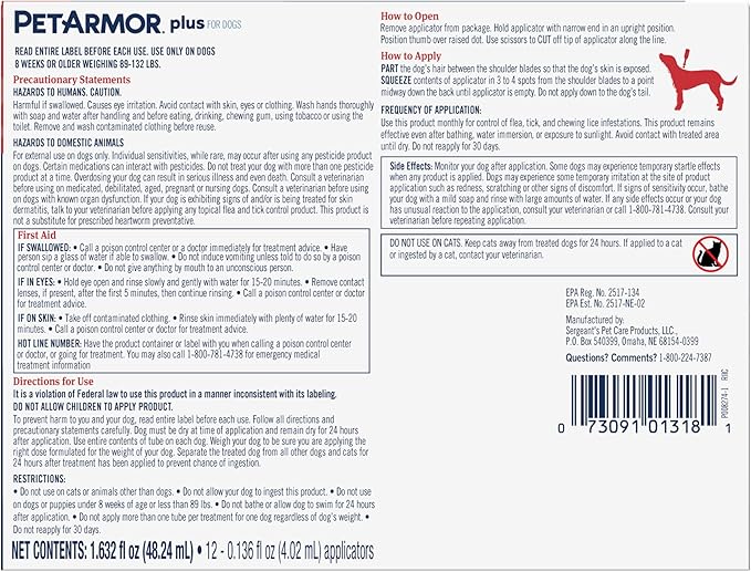 PetArmor Plus Flea and Tick Prevention for Dogs, Dog Flea and Tick Treatment, 12 Doses, Waterproof Topical, Fast Acting, X-Large Dogs (89-132 lbs)