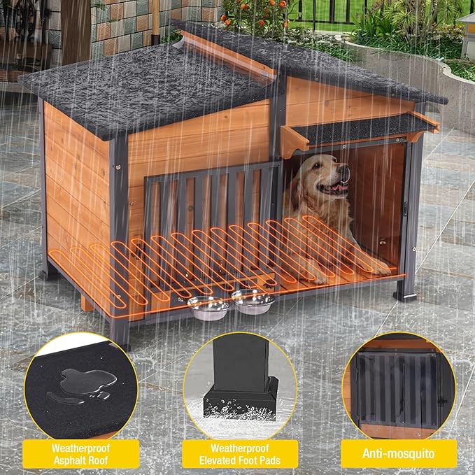 Chew-Resistant Dog House with Metal Frame, Wooden Kennel for Indoor & Outdoor Use, Waterproof Roof & Feeding Bowls Included (Wood, L-in)