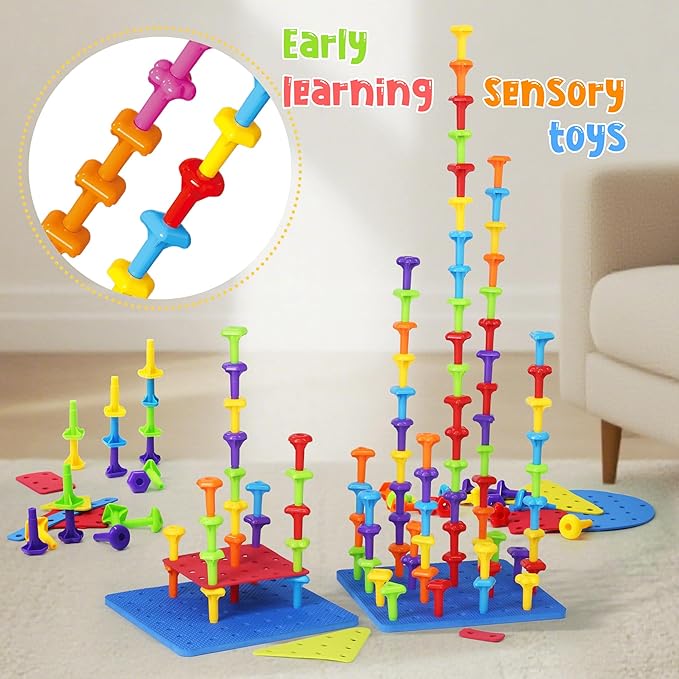 Peg Board Toy set 73Pcs DIY Building Stacking Toys for Kids 3-6 Years Old,STEM Educational Kids Toy for Brain Development,Montessori Sensory Toys,Upgrade Various Foam Board Plastic Lacing String Game