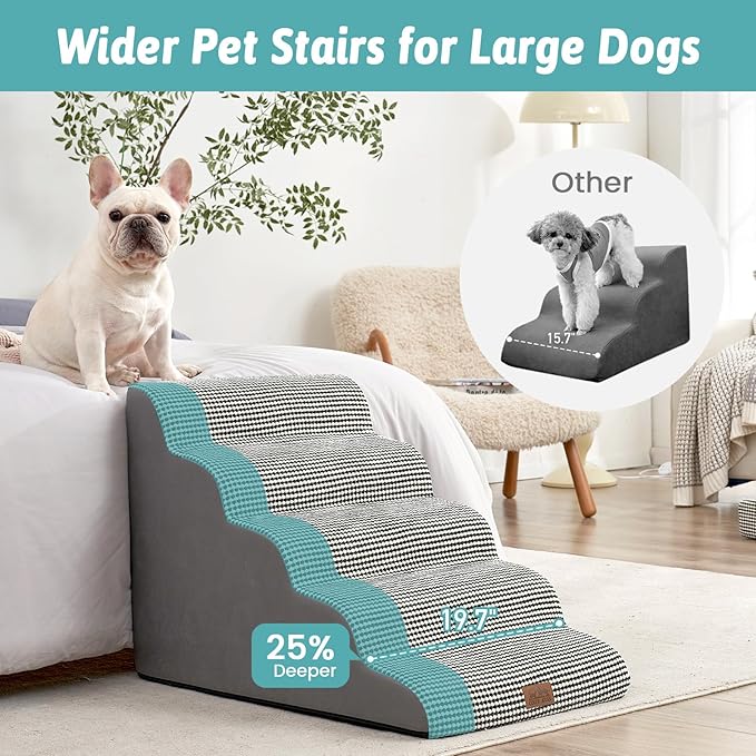 Extra Wide Dog Stairs 19.7" Width, Large Pet Step for Small Medium Dog, Puppy or Cat, Ramp for High Bed or Car, High Density Foam Ladder, Stable, 5 Step, 19.7x33x22.4 inch, White Black
