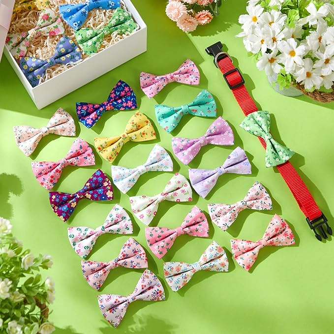 Hillban 50 Pieces Floral Collar Dog Bow Ties Flower Dog Collar Accessories Bow Ties Attachment with Elastic Bands Detachable Charms for Pets Accessories Summer Costume