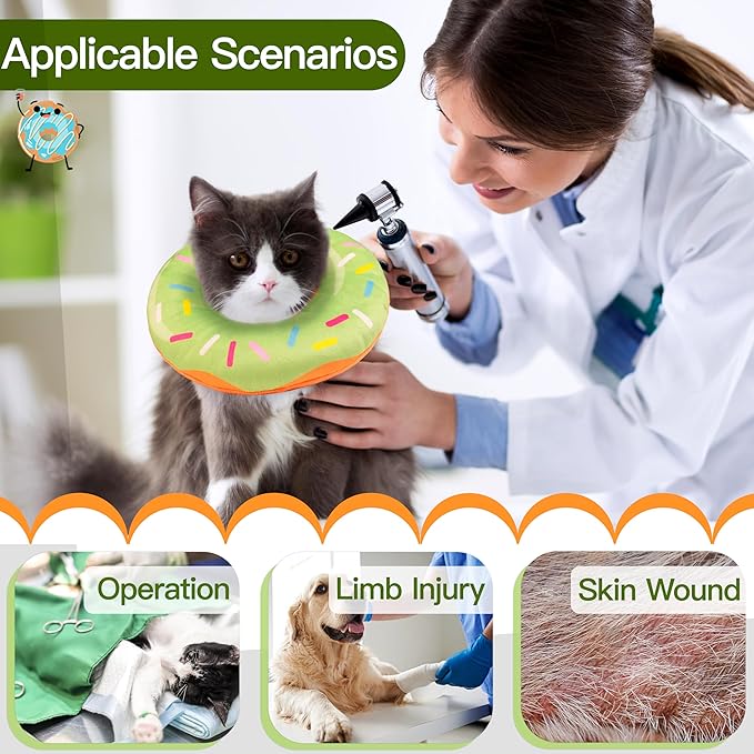 Cat Cone Collar Soft, Cute Cat Donut Collar After Surgery, Adjustable Kitten Recovery Cones to Stop Licking, Lightweight Neck Elizabethan Collars for Cats Kittens (Green, Small)