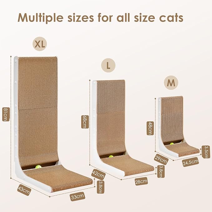 EHEYCIGA Cardboard Cat Scratcher for Indoor Cats, 26.8 Inch L Shaped Vertical Cat Scratching Board with Ball Cat Toy, Large Cat Scratcher Pad, White