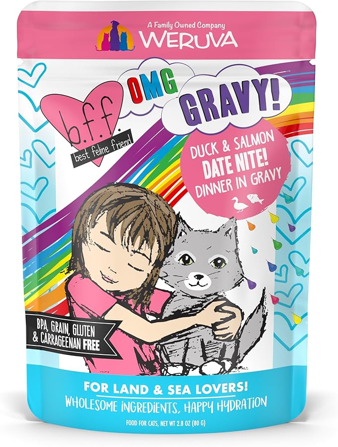 Weruva B.F.F. OMG - Best Feline Friend Oh My Gravy!, Date Nite! with Duck & Salmon in Gravy Cat Food, 2.8oz Pouch (Pack of 12)