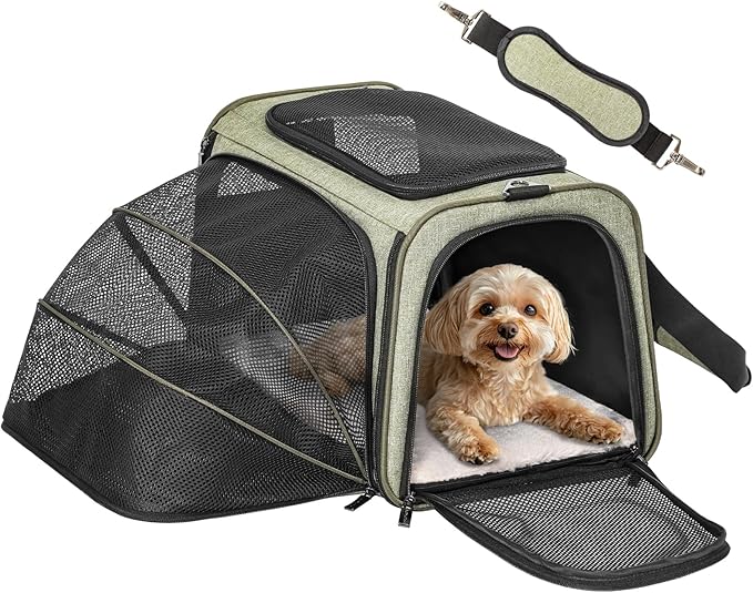 Petsfit Expandable Cat Carrier Dog Carrier,Airline Approved Soft-Sided Portable Pet Travel Washable Carrier for Kittens,Puppies,Removable Soft Plush mat and Pockets,Locking Safety Zippers
