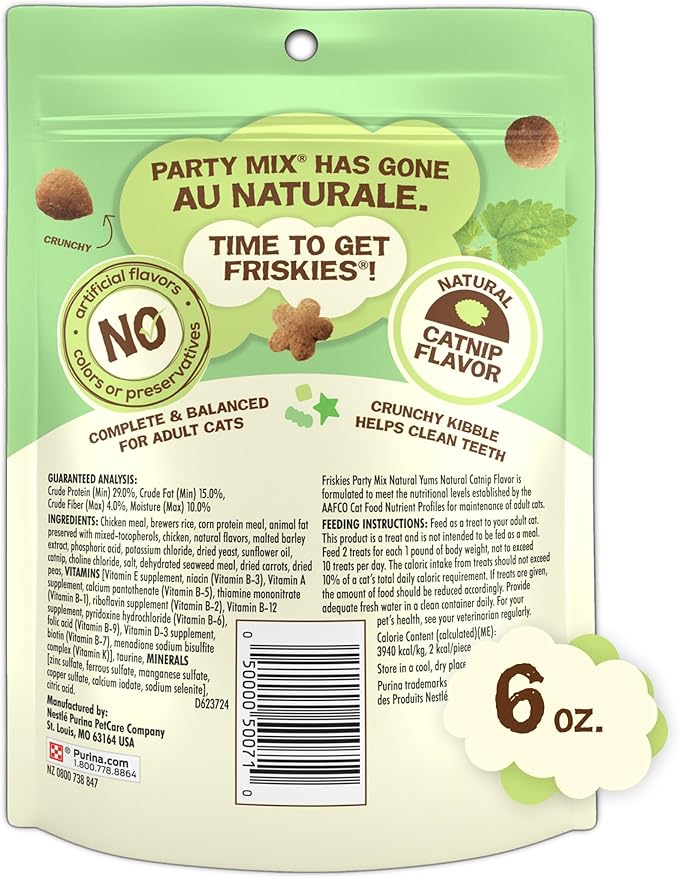 Purina Friskies Made in USA Facilities, Natural Cat Treats, Party Mix Natural Yums Catnip Flavor - (Pack of 6) 6 oz. Pouches