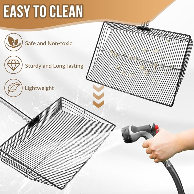 SlowTon 15-inch Large Chicken Poop Scooper - 5 in 1 Multifunctional Chicken Litter Scoop with 40 to 77in Stainless Steel Handle, Heavy Duty Chicken Coop Cleaning Tool Litter Sifting Shovel