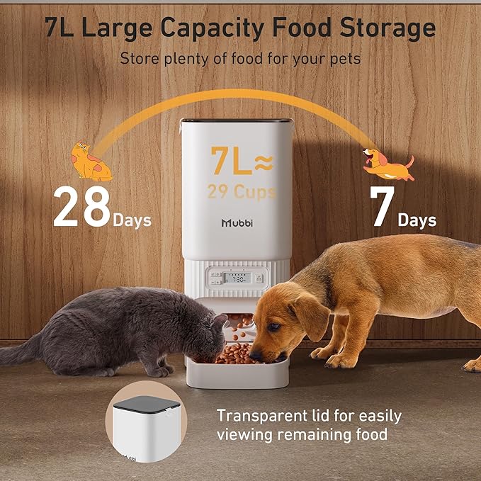 Automatic Cat Feeders, 7L/29 Cups Automatic Dog Feeder with Desiccant Bag, 1-6 Meals Ideal for 2-15mm Dry Food, Suitble for Multiple Pets, Dual Power Supply, Detachable Washable