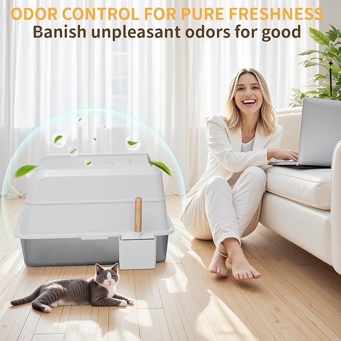 Stainless Steel Litter Box with Lid, XL Extra Large Cat Litter Box, Enclosed Metal Litter Pan with High Sided Enclosure & Scoop, Anti Leakage, Easy to Clean, Odor Control (White)