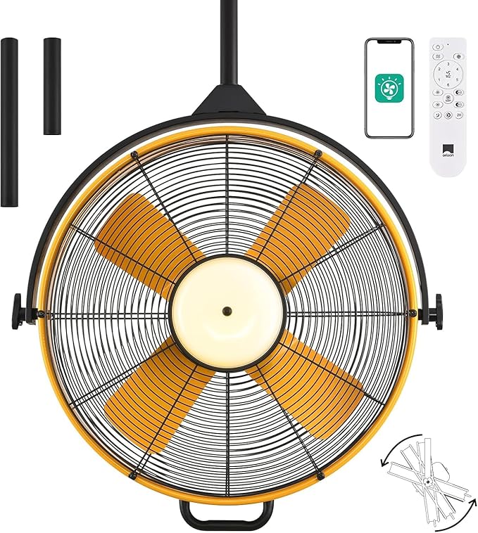 Orison 24.8'' Waterproof Outdoor Ceiling Fan, 6 Speed Ceiling Mounted Plug-In Cord Garage Fan with Remote&APP, 360-degree Manual Vertical Rotation, Hook hanging for Gazebo, Patio, Pergola (Yellow)