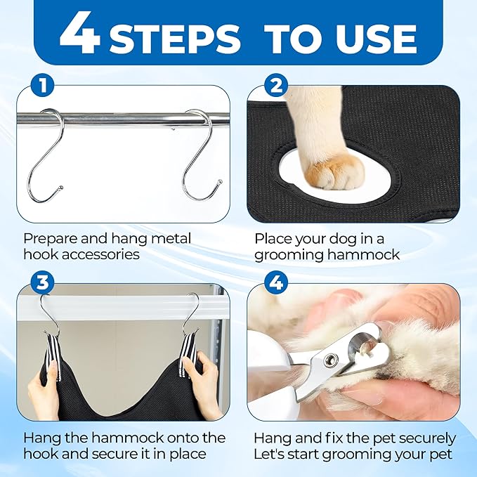 Pet Grooming Hammock for Cats & Dogs, Breathable Mesh Dog Hanging Harness for Nail Trimming, Grooming, Bathing Includes S Hooks, Comfortable Dog Grooming Harness (Black)