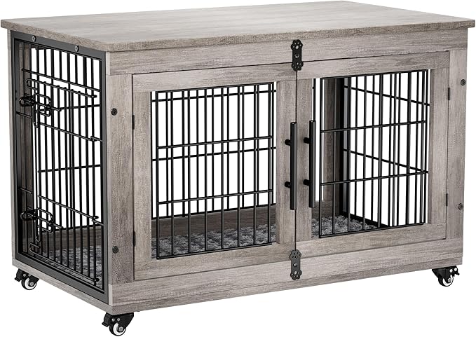 Lulive Large Dog Crate Furniture, 38'' Wooden Dog Crate End Table, Double Door Dog Kennel Indoor with Cushion & Wheels, Decorative Dog Cage House Chew-Resistant for Large/Medium, Grey