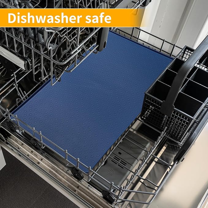 Ptlom Silicone Pet Placemat for Dog and Cat, Waterproof Non-Slip Pet Feeding Bowl Mats for Food and Water, Small Medium Large Tray Mat Prevent Residues from Spilling to Floor, Navy Blue, 24.5" 16.5"