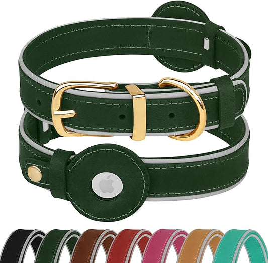OOPSDOGGY Reflective Geniune Leather Airtag Dog Collar Soft Padded Collars for Small Medium Large Breed Dogs Puppy, 4 Sizes, 7 Colors (Green, XLarge, 19"-24")