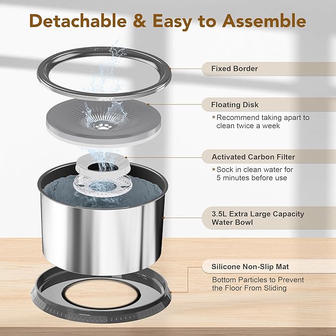 UPSKY 3.5L Dog Water Bowl,Large Capacity No Spill Dog Water Bowl,Stainless Steel Spill Proof Slow Water Feeder,No Splash Water Bowl with Anti-Slip Mat for Messy Drinkers Grey