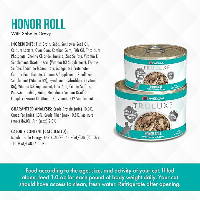 Weruva Truluxe Cat Food, Honor Roll with Wild-Caught Saba in Gravy, 3Oz Can (Pack of 24)