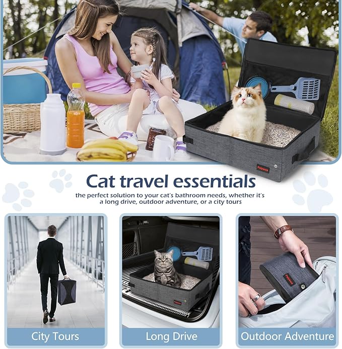 Portable Cat Travel Litter Box. Zipped Lid, Collapsible Litter Box for Cats. No Leakage, No Smell. Easy to Carry. Used for Hotels, Camping, Car(Gray,L)