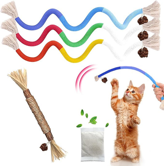 Cat Toys Chew Rope & Silvervine Sticks for Bored Indoor Adult Cats, 4Pcs Interactive Catnip Toys for Cats with Refillable Natural Catnip Bag for Teeth Cleaning