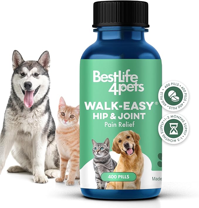 Walk-Easy Cat & Dog Joint Pain Relief, Effective Cat Pain Reliever, Anti Inflammatory & Natural Dog Hip and Joint Supplement Helps with Mobility, Limping, Hip Dysplasia and ACL Tear, 400 Small Pills