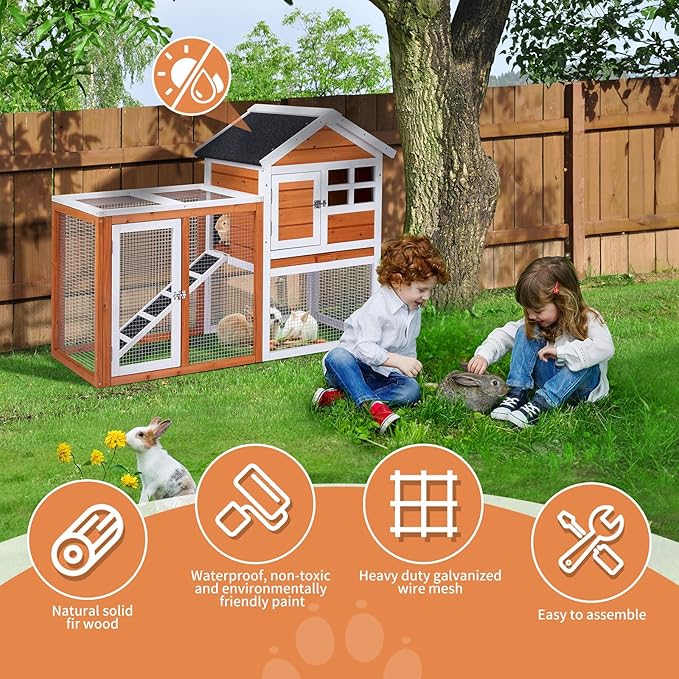 Outvita Rabbit Hutch, Small Wood Chicken Coop, 48" Guinea Pig Cage w/Pull-Out Tray, Waterproof Asphalt Roof, Chicken Run, Interactive Door for Small Animal Pen Outdoor