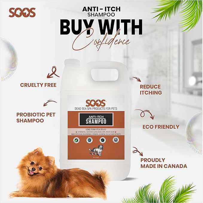Soos Pet Shampoo Anti-Itch Natural Dead Sea Minerals Cat and Dog Shampoo with Vitamins Essential Oils Natural Ingredients Soothes Itching Clean Fur - 1x Pets Shampoo (4L)