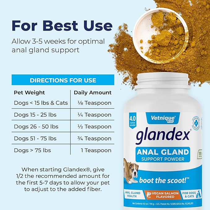 Vetnique Labs Glandex Dog Fiber Supplement Powder for Anal Glands with Pumpkin, Digestive Enzymes & Dog Probiotics for Digestive Health - Vet Recommended - Boot The Scoot (Vegan Salmon, 4.0oz Powder)