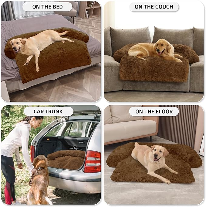 GGIB Calming Dog Bed Fluffy Plush Dog Mat for Furniture Protector with Removable Washable Cover for Large Medium Small Dogs and Cats (Extra Large (53x39.3x6), Brown)