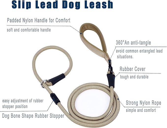 Slip Lead Dog Leash，Strong Nylon Rope Leash and Padded Handle,No Pull Outdoor Walking Training Lead for Small Medium Large Dogs(Light Military Tan, 1/2"×6ft)
