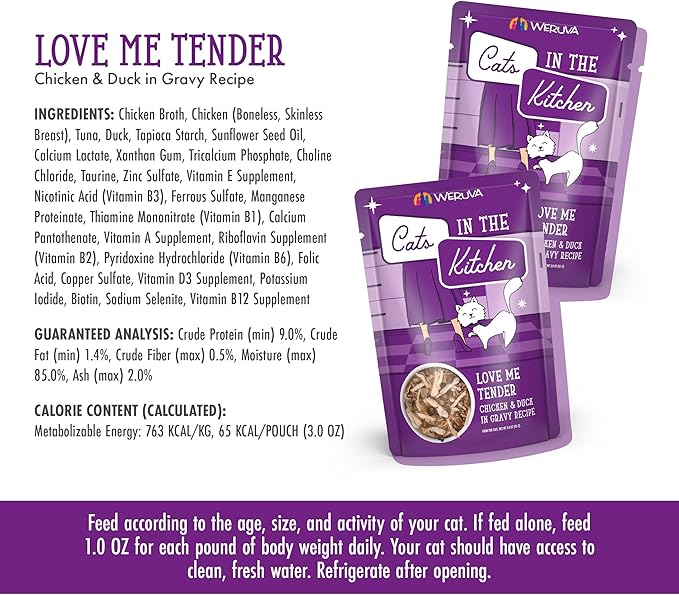 Weruva Cats in The Kitchen, Love Me Tender with Chicken & Duck in Gravy Cat Food, 3oz Pouch (Pack of 12)
