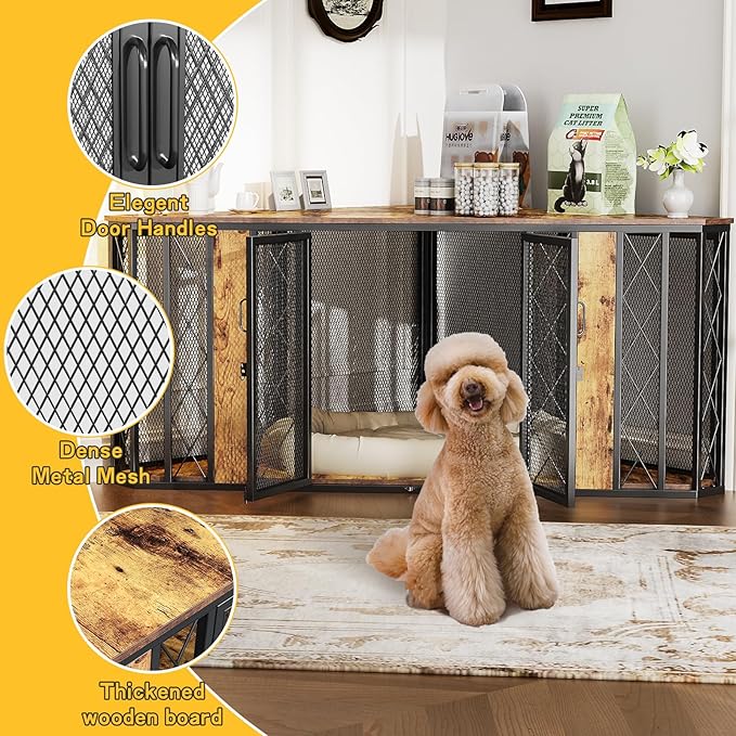 XL Corner Dog Crate Furniture, Decorative Dog Crates Dog Cage TV Stand with Diamond Metal Decoration, Wooden Dog Crate with Double Lock Design, Dog Crates Table, Retro Brown