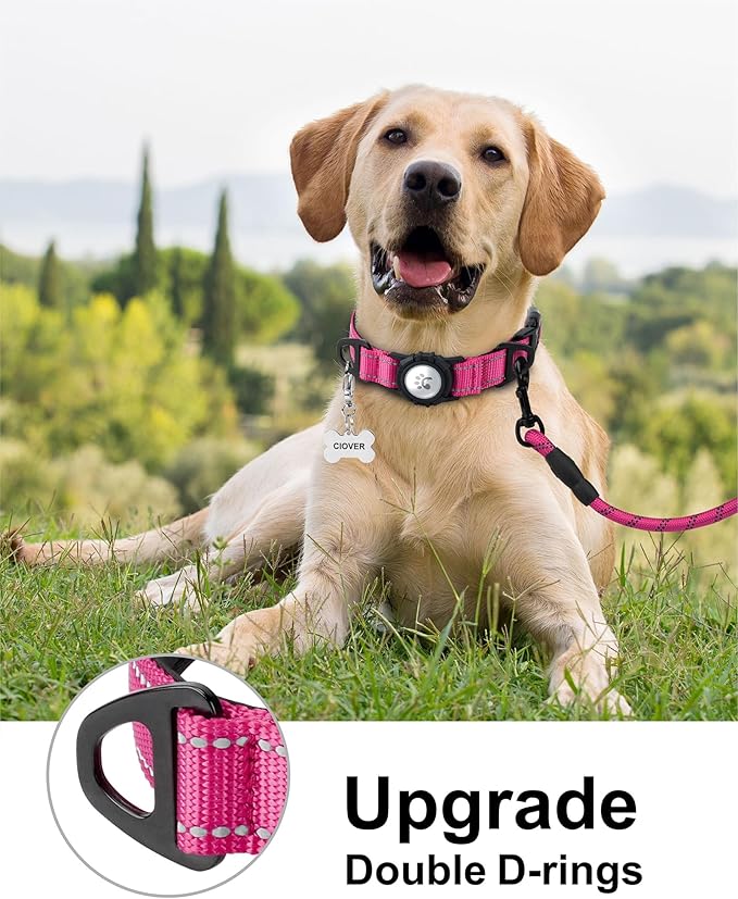TagME Airtag Dog Collar,Waterproof Reflective Pet Collar with Airtag Holder,Soft Padded and Double D-Rings for Extra Large Dogs,Hot Pink