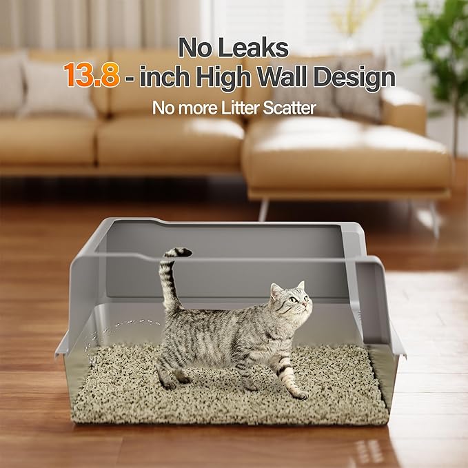 Stainless Steel Jumbo Open Cat Litter Box, XXXL 28"x20.5"x14" for Large Cats & Multi-Cat Households, Anti-Leakage High Walls & Non-Slip Base, Non-Sticky, Easy Clean Durable Metal Litter Pan