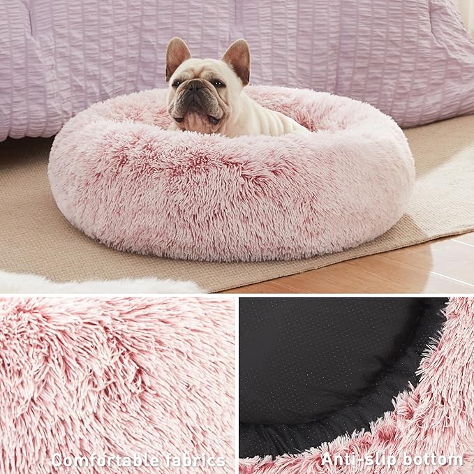Love's cabin Calming Cat Bed for Indoor Cats,Anti-Anxiety Donut Round Dog Bed,Fluffy Faux Fur Washable Pet Bed for Small Medium Dogs and Cats,Pink,24in