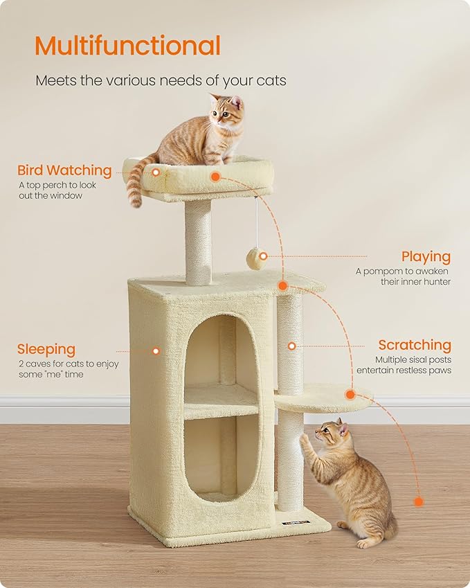 Feandrea Cat Tree Tower with 2 Caves for Multi-Cat Households, Kittens, Scratching Posts, Sand Beige UPCT005Y01