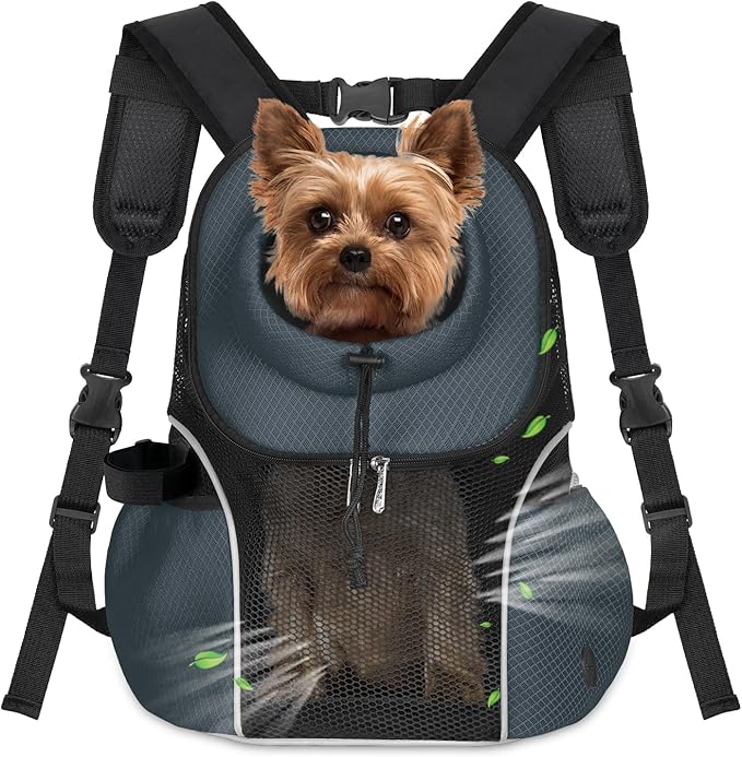 WOYYHO Pet Dog Carrier Backpack Small Dog Front Backpack Ventilated Mesh Dog Travel Back Pack with Safety Belt for Travel Hiking Cycling Outdoor Adventures (Size L: 10-14 lbs, Dark Gray)