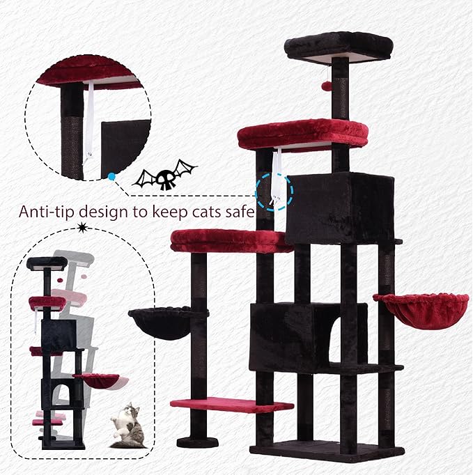 Hey-brother Cat Tree Tower, Scratching Posts with a Extended Part, Wide Platforms, Cozy Condos, Hammocks, Sisal Columns and Ball for Indoor Cats, 70.1 Inches, Black and Red MPJ038BR