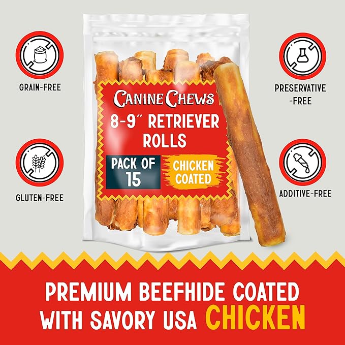 Canine Chews 8-9" Chicken Coated Dog Rawhide Retriever Rolls (15 Pack) - Chicken Rawhide Bones for Large Dogs - 100% USA-Sourced Chicken Coated Dog Rawhide Chews - Healthy Dog Dental Chew Rawhides