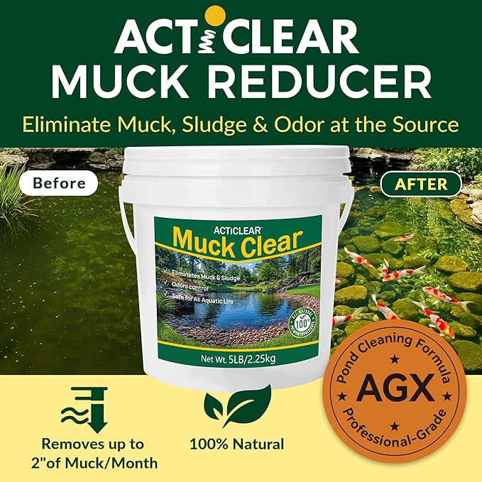Muck Clear - 5LB Beneficial Bacteria for Ponds & Lake, Boost Enzymes, Sludge Odor Away, Outdoor Fish Pond Water Clarifier, Safe for Aquatic Life, Treats Up to 30,000 Sq Ft
