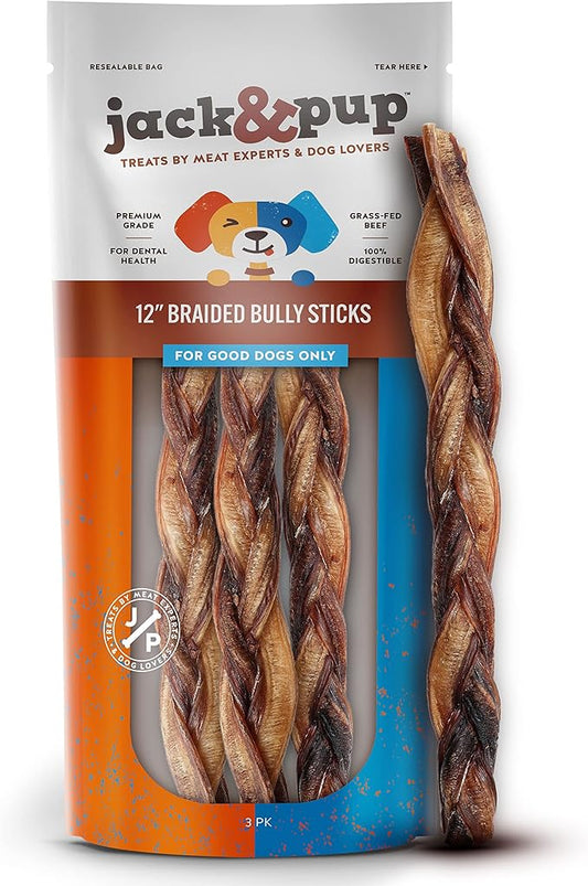 Jack&Pup 12" Braided Bully Sticks (3 Pack) Long Lasting Thick Bully Sticks for Large Dogs and Aggressive Chewers, Single Ingredient Dog Chews