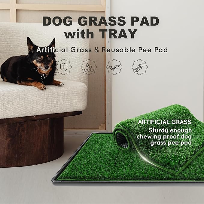 Dog Grass Pad with Tray Large 34’’×23’’, Ultra-Absorbent Artificial Grass Pad for Dogs Potty Grass Hemmed Edge for Indoor Potty Training, Reusable Dogs Pee Pads, Dog Litter Box for Balcony