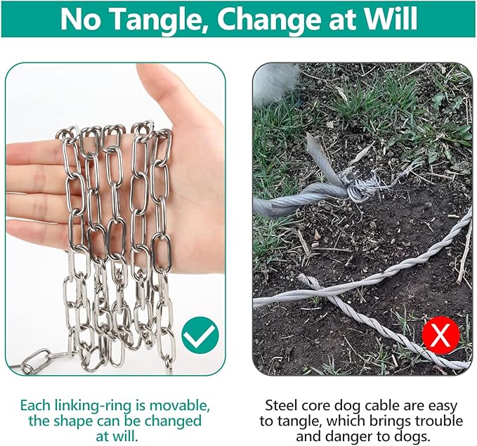 Tresbro Heavy Duty Dog Chains for Outside, 20FT Stainless Steel Tie Out Cable with Swivel Hook for Small Medium Dogs, Metal Chew Proof Pet Runner Chain Leash Lead for Outdoor Camping Hiking Yard, 3MM