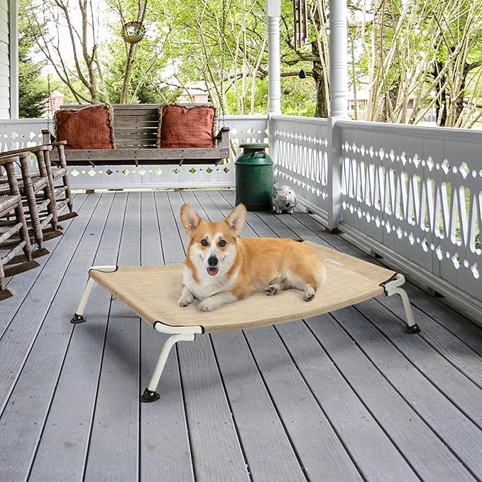 Veehoo Elevated Dog Bed for Outdoor, Cooling Waterproof Raised Dog Cots Beds for Medium Dogs, Curved Off Ground Pet Hammock Cot Lifted for Outside, up to 65lbs, White Legs, Beige 32"