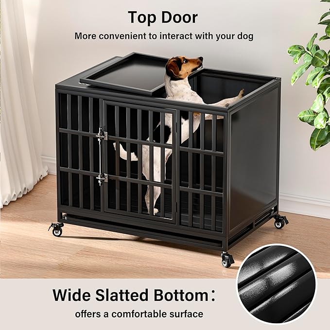 38 inch Heavy Duty Dog Crate with Self-Locking Latch, Indestructible Steel Large Kennel with Enclosed Design, Chew-Proof and Escape-Proof Pet Cage for High Anxiety Dogs