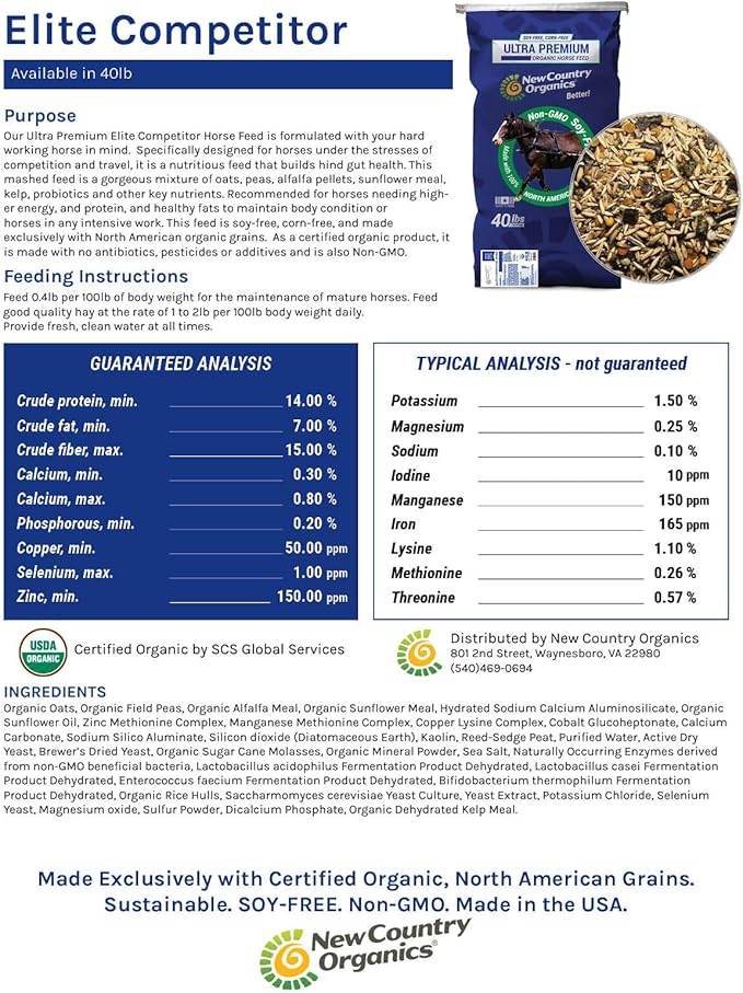New Country Organics | Elite Horse Feed for Horses Under The Stresses of Competition and Travel | Corn-Free and Soy-Free | 14% Protein | Certified Organic and Non-GMO | Grain & Oats Feeder 40 lbs