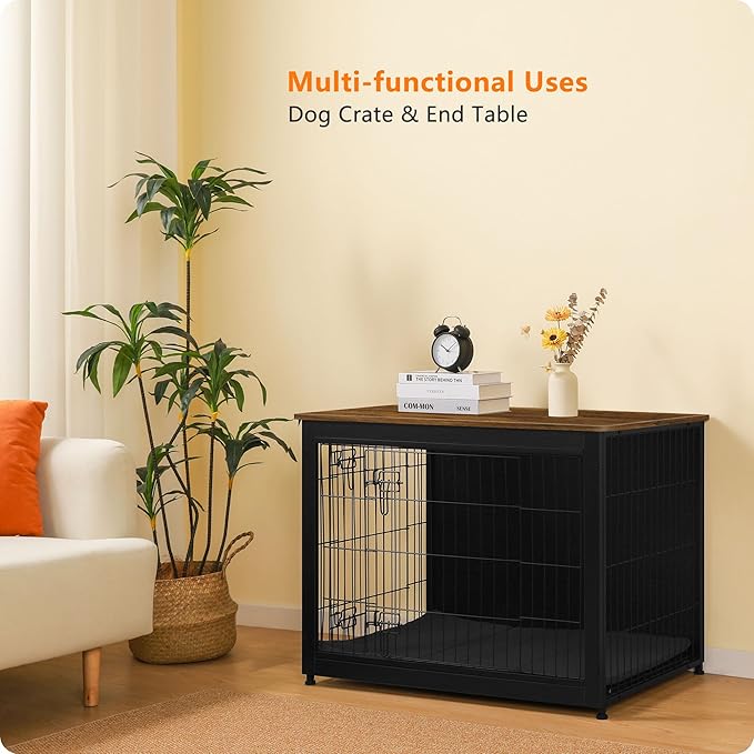 DWANTON Dog Crate Furniture with Cushion, Wooden Kennel Table with Double Doors, Indoor Dog House, Large Size, 38.5" L, Black+Warm Brown