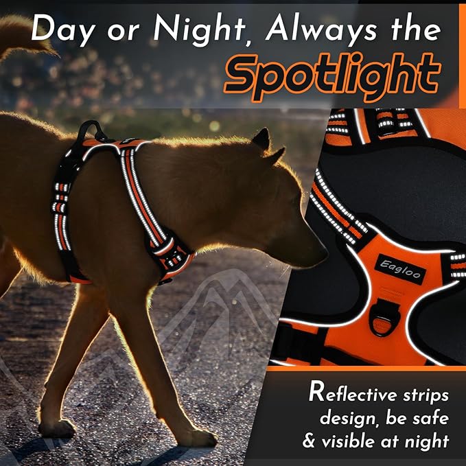 Eagloo Dog Harness for Large Dogs, No Pull Service Vest with Reflective Strips and Control Handle, Adjustable and Comfortable for Walking, No Choke Pet Harness with 2 Metal Rings, Orange, XL